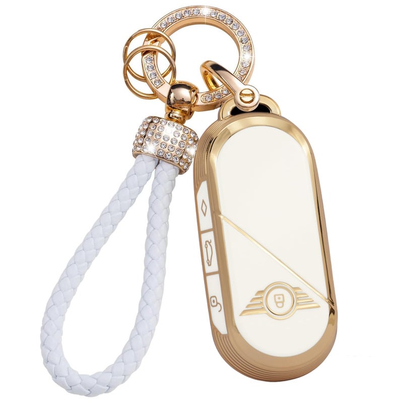 KUNIO TPU Car Key Fob Cover Case Fit for BMW Mini Cooper One Countryman Convertible 2025 J01 J05 U25 F65 F66 2024 2025 Keychain with Sparkly Rhinestones Key Shell White